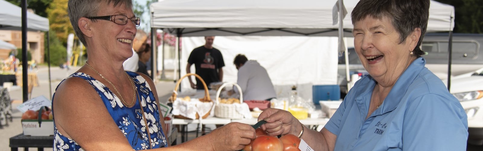 Happy older woman passing basket of tomatoes to another woman