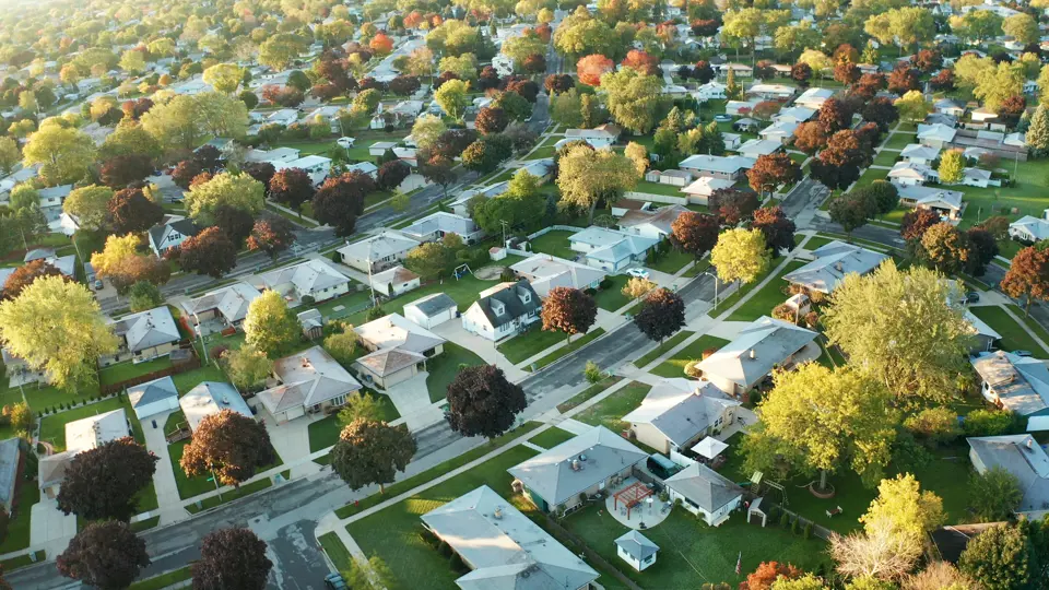 Drone photo of neighbourhood.